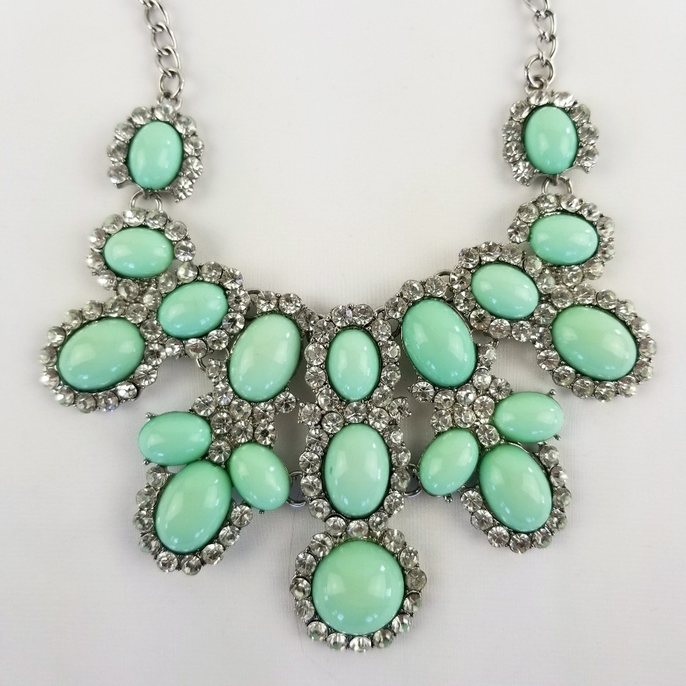 Aqua & Clear Stones Silvertone Bib Necklace - Picture 12 of 12